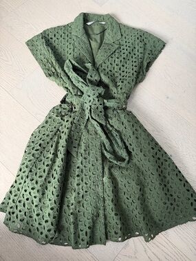 Zara Olive Green Eyelet Midi Shirt Dress with Waist Tie